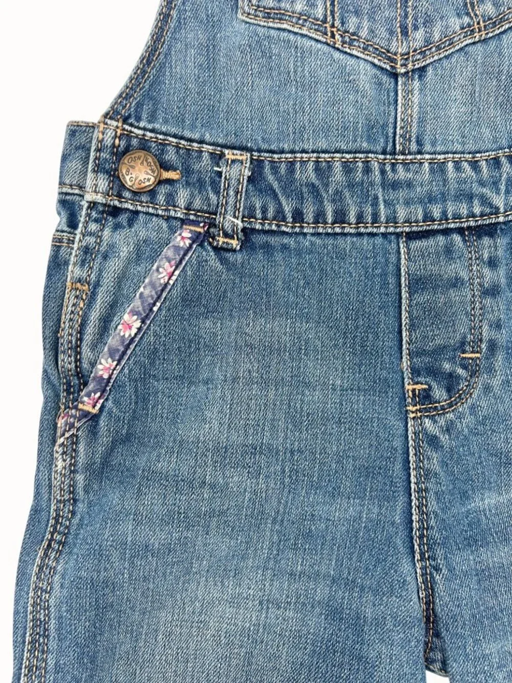 OSHKOSH BGOSH 4T GIRLS DENIM OVERALLS W/ FLORAL CUFF ACCENTS & ADJUSTABLE STRAPS